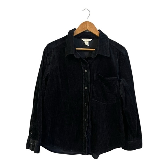 H&M Corduroy Button Front Shirt Long Sleeve Women's Size Medium Navy Blue - Picture 2 of 5